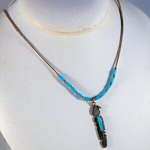 Vintage Sterling Liquid Silver & Turquoise Bead Necklace With Eagle & Feather